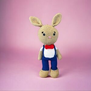 Handmade Crochet Bunny Toy with Red Bow Tie